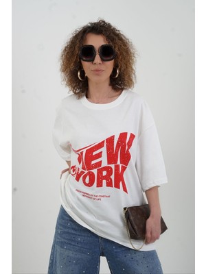 Zelish My Sister Beyaz New York Baskılı Oversize Tshirt