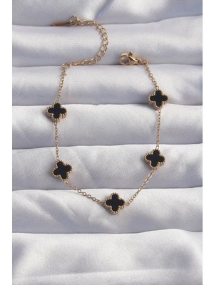 Uslucan Alışveriş 316L Çelik Baby Boy Gold Renk Siyah Mineli Yonca Bileklik