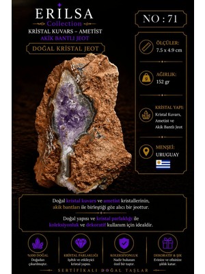 Erilsa Sertifikalı Doğal Ametist Jeodu Akik Bantlı Kristal Kuvars Ham Kaya Uruguay NO71