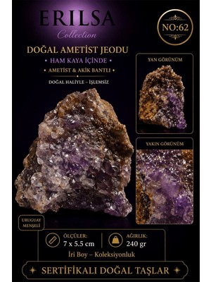 Erilsa Sertifikalı Doğal Ametist Jeodu Kristal Kuvars Akik Bantlı Ham Kaya NO62