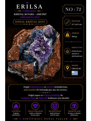 Erilsa Sertifikalı Doğal Ametist Jeodu Akik Bantlı Kristal Kuvars Büyük Boy Uruguay Nadir NO72