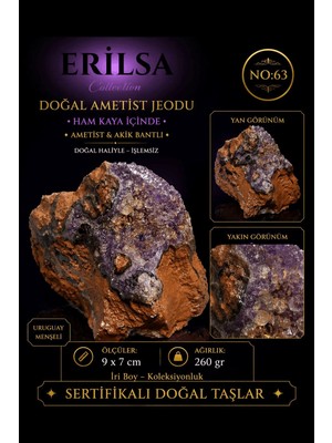 Erilsa Sertifikalı Doğal Ametist Jeodu Akik Bantlı Kristal Kuvars Kaya Parçası NO63