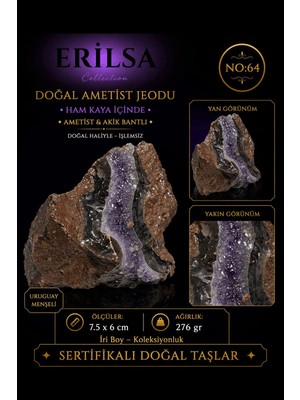 Erilsa Sertifikalı Doğal Ametist Jeodu Akik Bantlı Kristal Kuvars Ham Kaya NO64