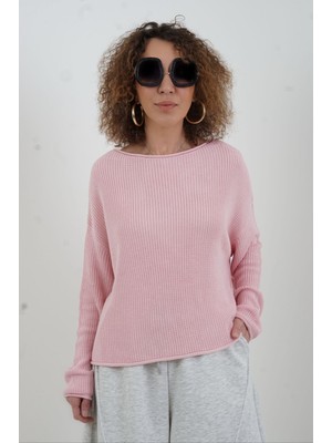 Zelish My Sister Toz Pembe Kayık Yaka Basic Triko Kazak