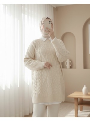 Moda Morfo Petek Desen Kışlık Salaş Triko Kazak -Ekru