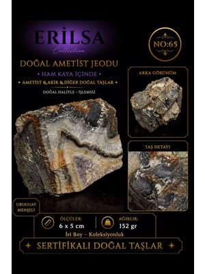 Erilsa Sertifikalı Doğal Ametist Jeodu Akik Bantlı Kristal Kuvars ve Doğal Taş Parçası NO65