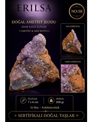 Erilsa Sertifikalı Doğal Ametist Jeodu Akik Bantlı Kristal Kaya Parçası NO58