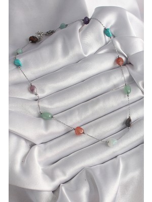 Youday Accessories 316L Çelik Gümüş Renk Zincir Renkli Doğaltaş Model Kadın Kolye