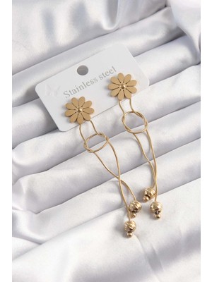 Youday Accessories 316L Çelik Altın Renk Sallantılı Düğüm Model Papatya Küpe