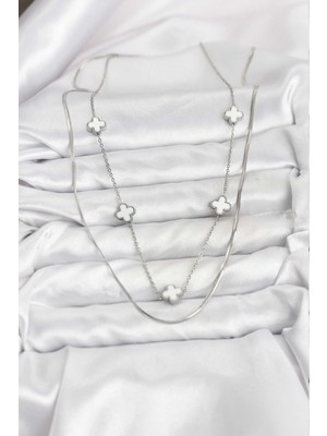 Youday Accessories 316L Çelik Zincir Gümüş Renk Italyan Zincirli Yonca Model Kadın Kolye