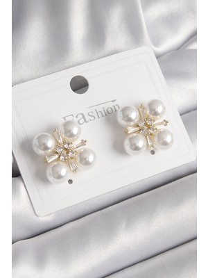 Youday Accessories Pirinç Gold Renk Zirkon Taşlı Incili Kadın Küpe