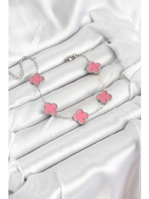 Youday Accessories 316L Çelik Gümüş Zincir Pembe Renk Yonca Bileklik