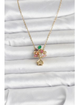 Youday Accessories 316L Çelik Zincir Gold Renk Uçan Balon Ev Figür Kadın Kolye