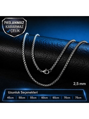 Voyage Accessory Farklı Ölçü Seçenekleri ile / 2,5 mm Kararmaz Paslanmaz Çelik Box Erkek Zincir Kolye