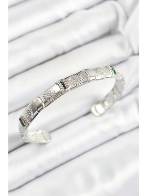 Youday Accessories Pirinç Karışık Zirkon Taşlı Çiçek Model Gümüş Renk Altı Açık Kadın Bileklik