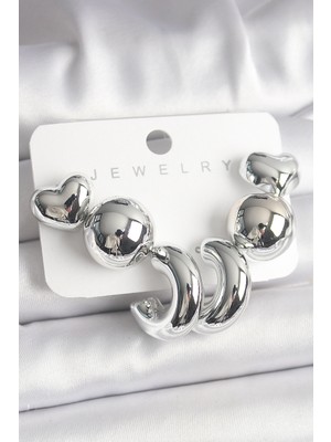 Youday Accessories Gümüş Renk Kalp Halka Figür Ccb Plastik Kadın Küpe Seti
