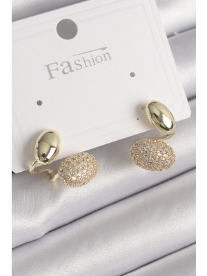 Youday Accessories Pirinç Gold Renk Zirkon Taşlı Bombeli Model Kadın Küpe
