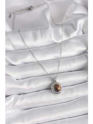 Youday Accessories 316L Çelik Gümüş Renk Zincir Kehribar Boncuk Model Kadın Kolye