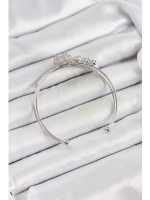 Youday Accessories Pirinç Gümüş Renk Kalpli Zirkon Taşlı Kadın Bileklik