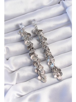 Youday Accessories Pirinç Gümüş Renk Zirkon Taşlı Minimal Deniz Kabuklu Sallantılı Küpe