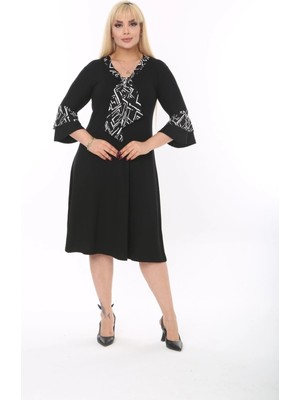 ModaSehle Büyük Beden Kravat Desenli Siyah Midi Elbise