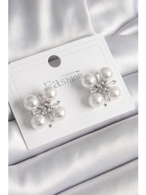 Youday Accessories Pirinç Gümüş Renk Zirkon Taşlı Incili Kadın Küpe