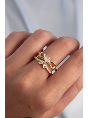 Youday Accessories Pirinç Ayarlamalı Gold Renk Zirkon Taşlı 2li Görünüm Fiyonk Yüzük
