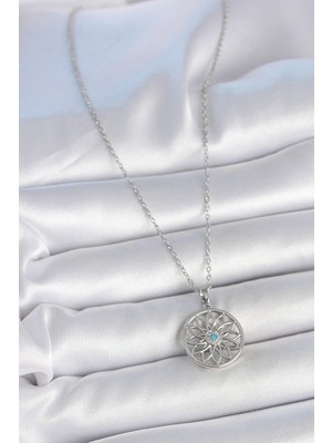 Youday Accessories 316L Çelik Gümüş Renk Zincir Mavi Taşlı Lotus Model Kadın Kolye