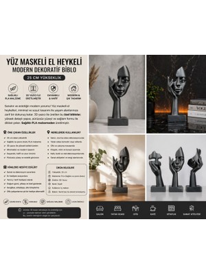 3D Boyuthane Yüz Maskeli El Heykeli 3’lü Set 25 cm – 3D Baskı Modern Dekoratif Biblo