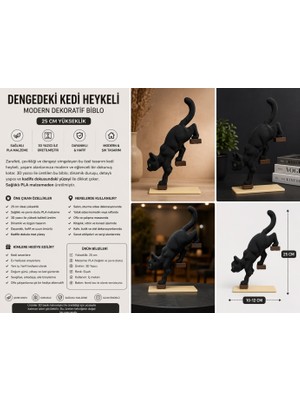 3D Boyuthane Dengedeki Kedi Heykeli 25 cm – 3D Baskı Modern Dekoratif Biblo