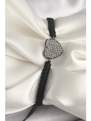 Youday Accessories Pirinç Füme Renk Zirkon Taşlı Kalp Figür Asansörlü Makrome Model Kadın Bileklik