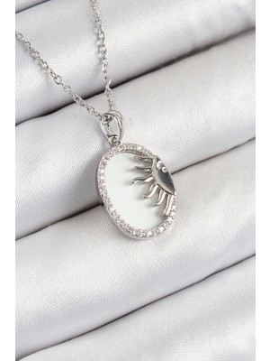 Youday Accessories 316L Çelik Zirkon Taşlı Yarım Güneş Model Gümüş Renk Kadın Kolye