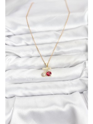 Youday Accessories 316L Çelik Zincir Gold Renk Kiraz Model Zirkon Taşlı Kadın Kolye