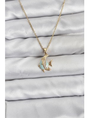 Youday Accessories 316L Çelik Zincir Gold Renk Balık Model Zirkon Taşlı Kadın Kolye