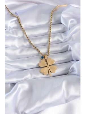 Youday Accessories 316L Çelik Gold Renk Burgu Model Işlemeli Yonca Figür Nazar Boncuk Detay Kadın Kolye