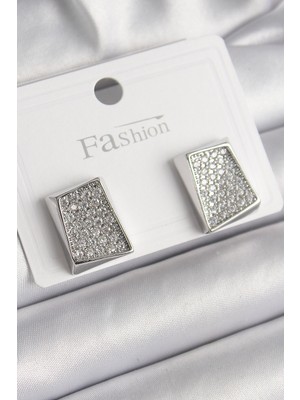 Youday Accessories Pirinç Gümüş Renk Zirkon Taşlı Plaka Model Kadın Küpe