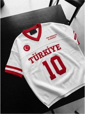 Elku Moda Erkek Oversize V Yaka Nakışlı Triko Tişört Geniş Kesim Örme Yazlık T-Shirt