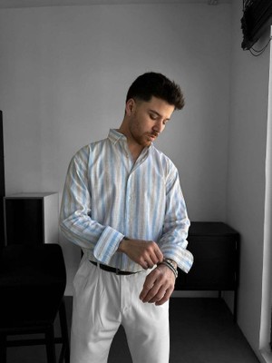 Elku Moda Erkek Dik Yaka Keten Görünümlü Gömlek Yarım Düğmeli Uzun Kollu Bohem Gömlek - Rahat Kesim Yazlık Slub Gömlek