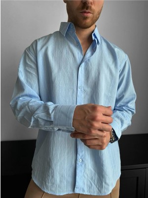 Elku Moda Erkek Yarım Düğmeli Dik Yaka Gömlek %100 Pamuklu Keten Dokulu Rahat Kalıp Gömlek Yazlık Salaş Bohem Stil Gömlek
