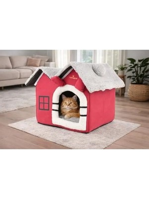 Hakay Kırmızı Katlanabilir Kedi Evi ve Küçük Irk Köpek Yatağı, Taşınabilir