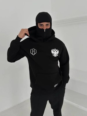 Hobilinka Samuray Ninja Çift Kapşonlu Zıp Fermuarlı Kanguru Çepli Tam Fermuarlı Ön Arka - Siyah