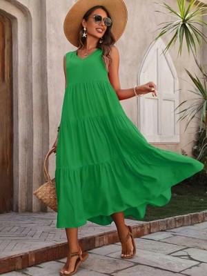 Secret Sita Kadın Askılı V Yakalı Uzun Dokuma Viskon Elbise