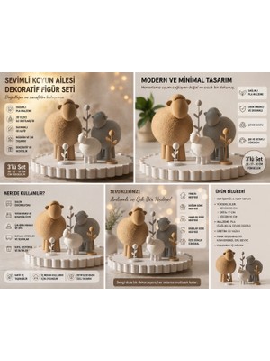 3D Boyuthane Sevimli Koyun Ailesi Dekoratif Figür Seti (3’lü) – 20/17/10 cm