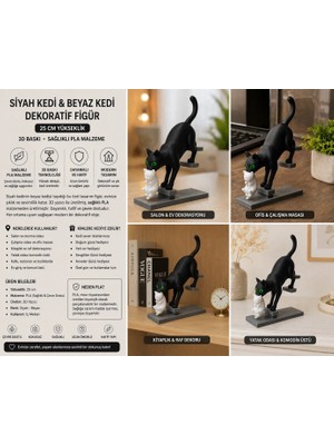 3D Boyuthane Siyah Kedi & Beyaz Kedi Dekoratif Figür 25 cm – 3D Baskı Modern Ev Dekoru