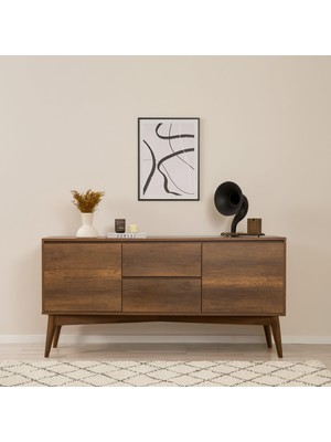 Maq Home Vina Masif Ayaklı Ahşap Konsol ve Çok Amaçlı Salon Dolabı -Ceviz