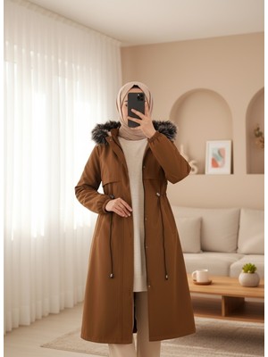 Moda Morfo Çıkma Kapşonlu Tünel Bağcıklı Bondit Kaban -Taba