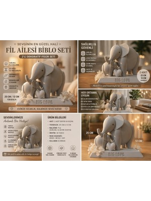 3D Boyuthane Fil Ailesi Dekoratif Biblo Seti 2’li (25 cm & 12 Cm)