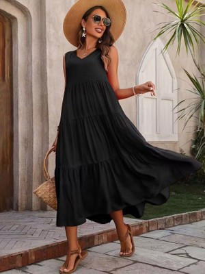 Livizmir Moda Kadın Askılı V Yakalı Uzun Dokuma Viskon Elbise