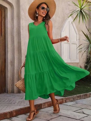 Serac Collection Kadın Askılı V Yakalı Uzun Dokuma Viskon Elbise