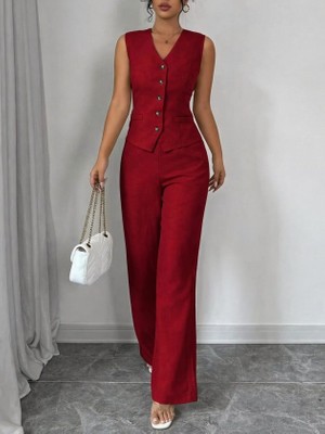 Ezel Glory Kadın Askılı Önden Düğmeli Bluz ve Pantolon Keten Ikili Takım